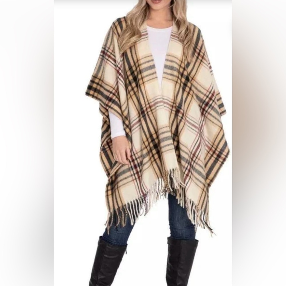 Woolrich Cozy Blanket Wrap Sienna Plaid‎ One Size Cream Brown - Women's